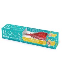 Rocs Muz Tadında Bebek Diş Macunu + Kırmızı Fırça Seti